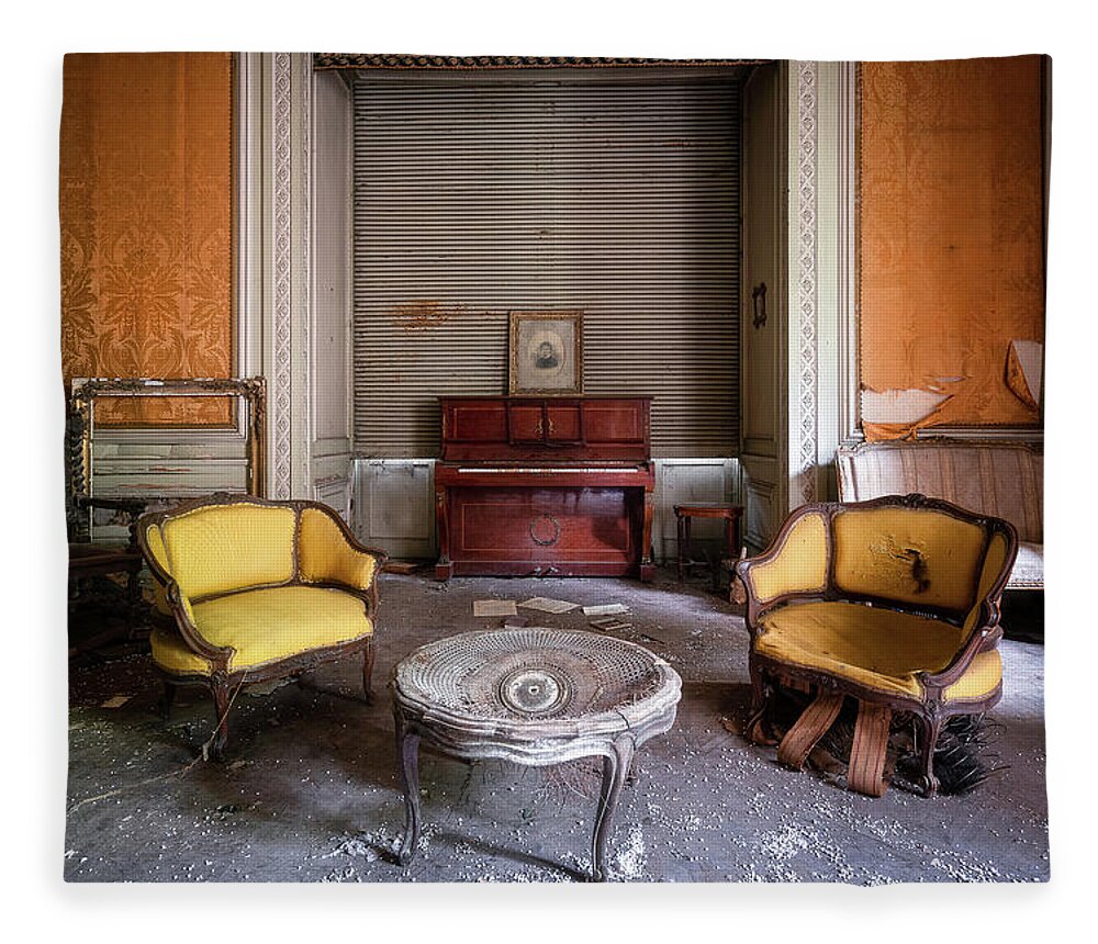 Urban Fleece Blanket featuring the photograph Living Room in Decay with Piano by Roman Robroek