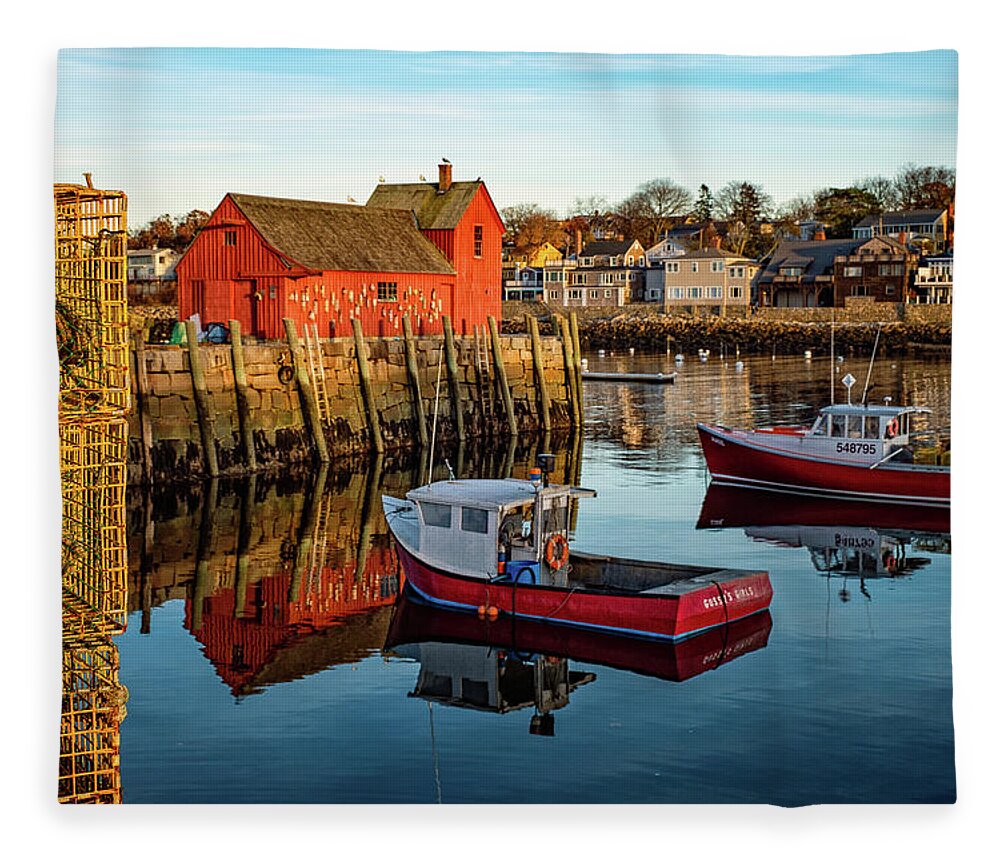 Massachusetts Fleece Blanket featuring the photograph Lobster Traps, Lobster Boats, and Motif #1 by Jeff Sinon