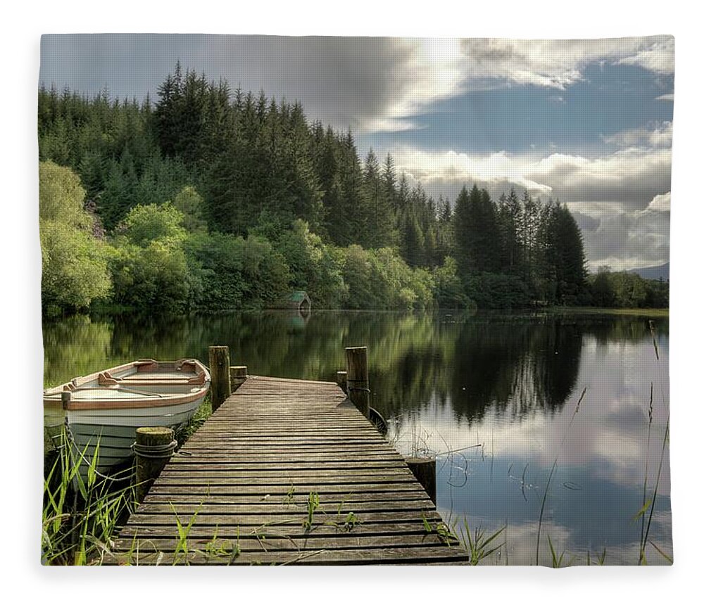 Mode Of Transport Fleece Blanket featuring the photograph Loch Ard Jetty by Peter Mulligan