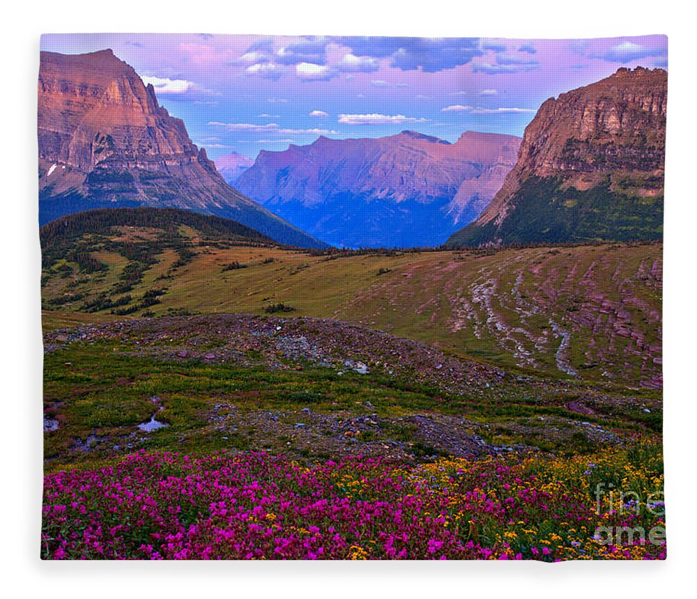 Logan Pass Fleece Blanket featuring the photograph Logan Pass Wildflower Sunset by Adam Jewell