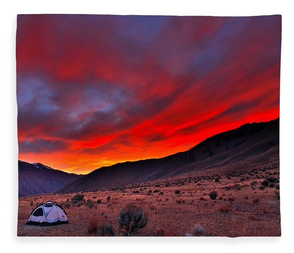Sunset Fleece Blanket featuring the photograph Lone Tent by Tom Gresham
