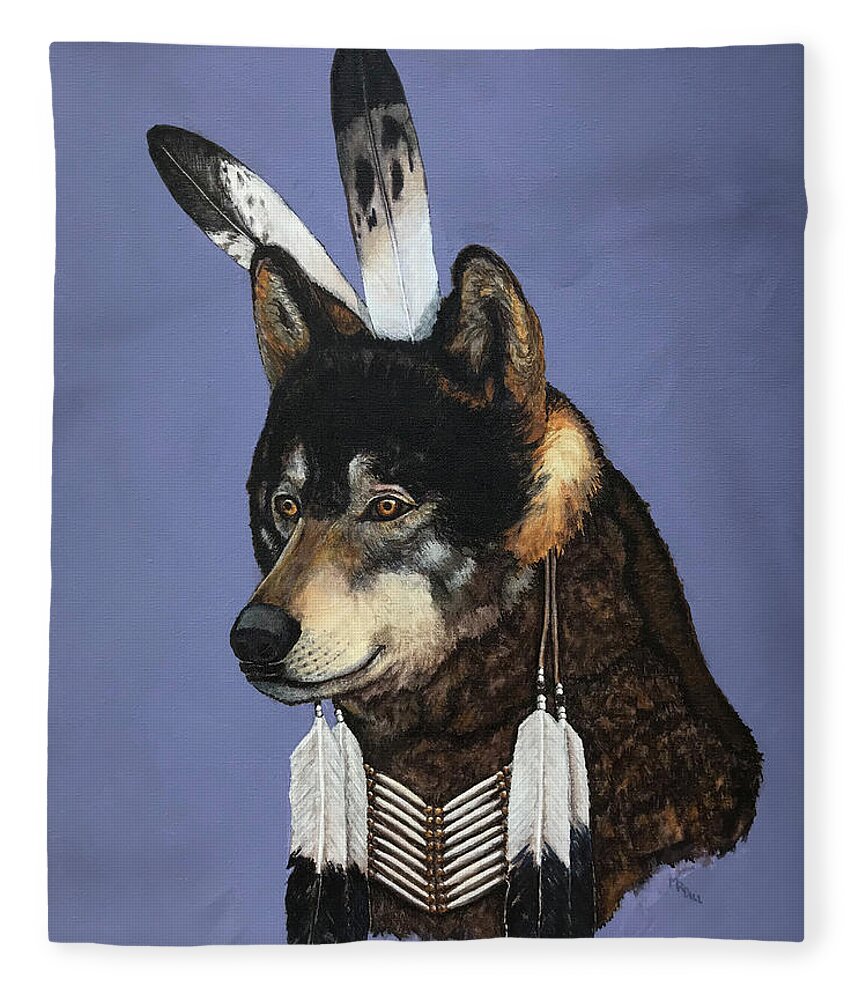 Native American Fleece Blanket featuring the painting Lone Wolf by Mr Dill