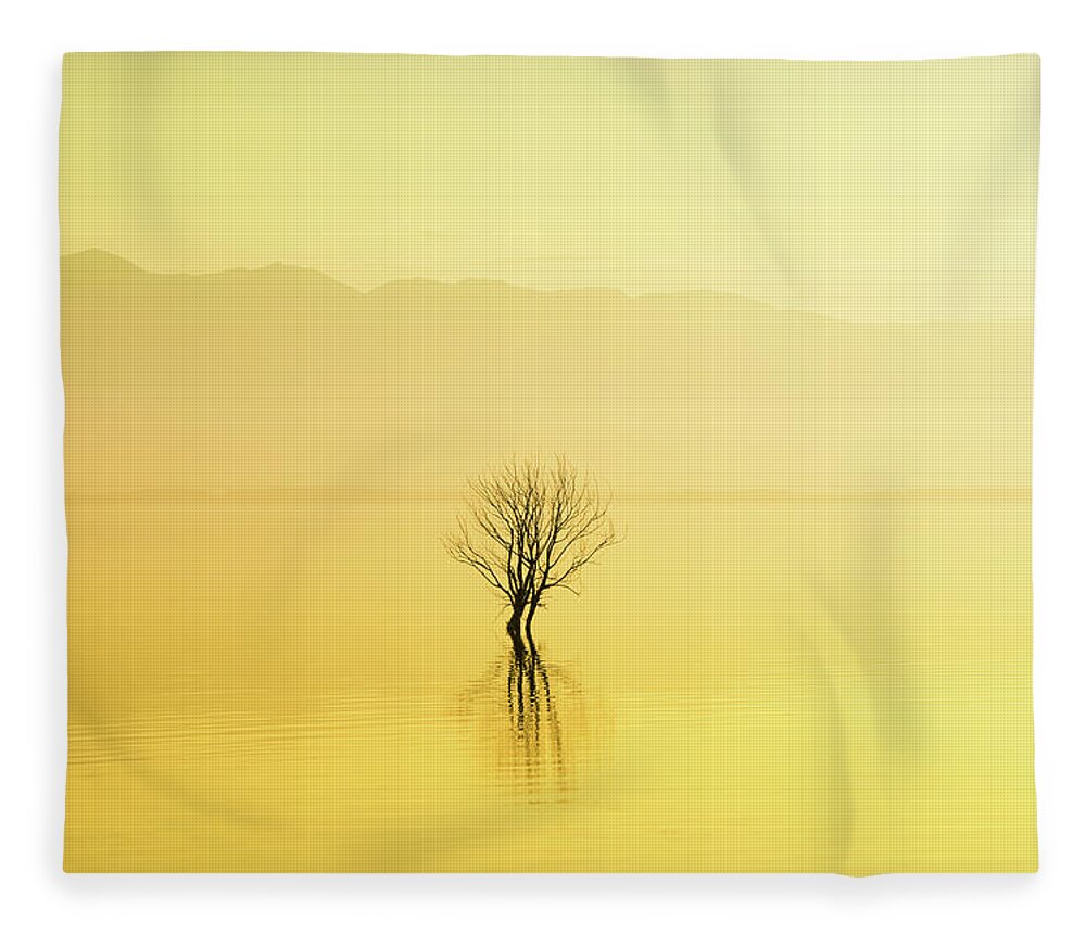Water's Edge Fleece Blanket featuring the photograph Lonely Tree In The Water On Foggy by Aleksandargeorgiev
