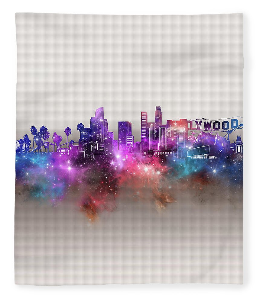 Los Angeles Fleece Blanket featuring the digital art Los Angeles Skyline Galaxy by Bekim M