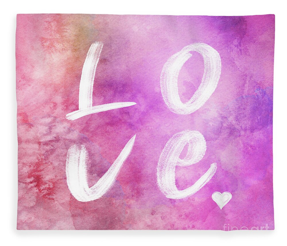 Valentine Fleece Blanket featuring the painting Love watercolor in a pink square by Delphimages Photo Creations