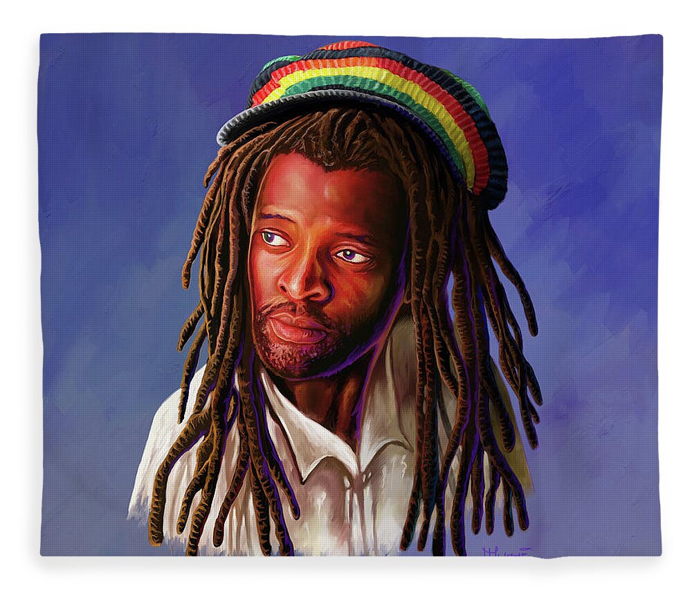 Reggae Fleece Blanket featuring the painting Lucky Dube by Anthony Mwangi