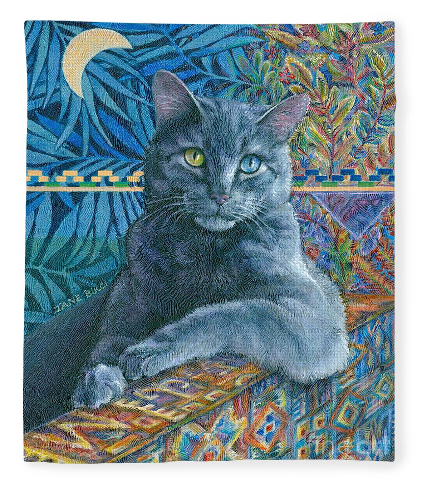 Cat Feline Moon Luna Blue Blues Colorful Portrait Ikat Gato Chat Azure Fleece Blanket featuring the painting Luna Blue Cat by Jane Bucci