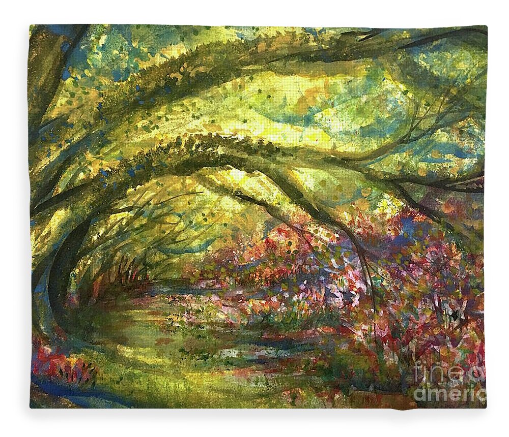 Impressionistic Floral Landscape Louisiana Watercolor Abstract Impressionism Water Bayou Lake Verret Blue Set Design Iris Abstract Painting Abstract Landscape Purple Trees Fishing Painting Bayou Scene Cypress Trees Swamp Bloom Elegant Flower Watercolor Coastal Bird Water Bird Interior Design Imaginative Landscape Oak Tree Louisiana Abstract Impressionism Set Design Fort Worth Texas Fleece Blanket featuring the painting LusciousPath by Francelle Theriot