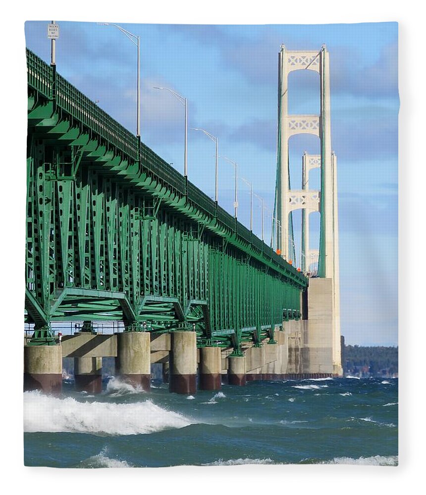 Mackinac Bridge Fleece Blanket featuring the photograph Mackinac Bridge and Waves by Keith Stokes