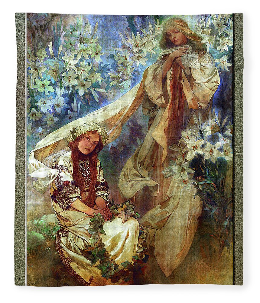 Madonna Of The Lilies Fleece Blanket featuring the painting Madonna of the Lilies by Alphonse Mucha by Rolando Burbon