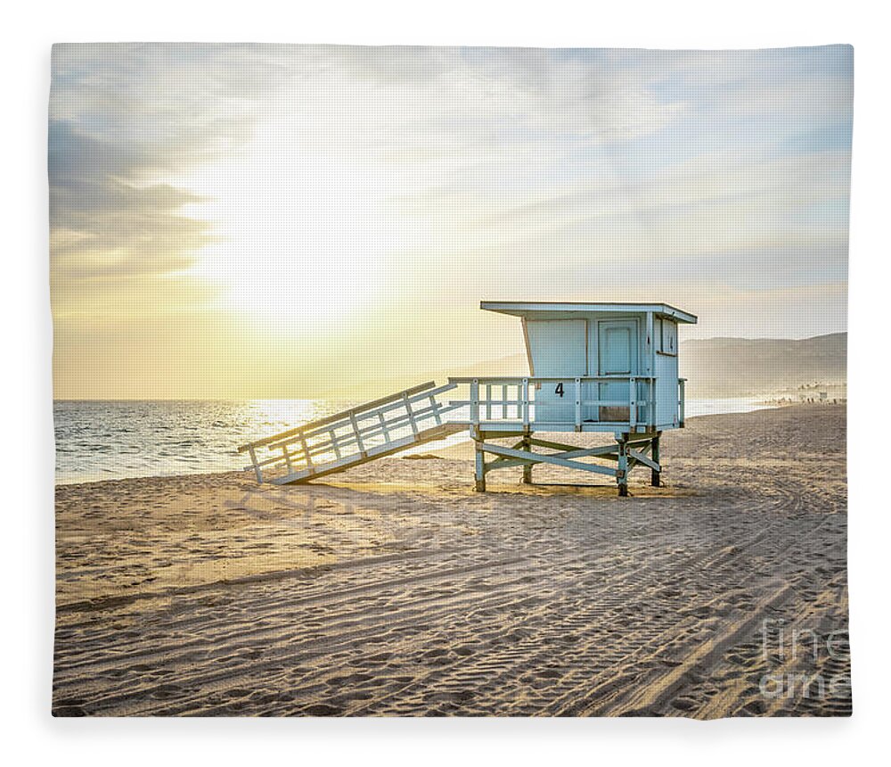 America Fleece Blanket featuring the photograph Malibu Zuma Beach Lifeguard Tower #4 Sunset by Paul Velgos