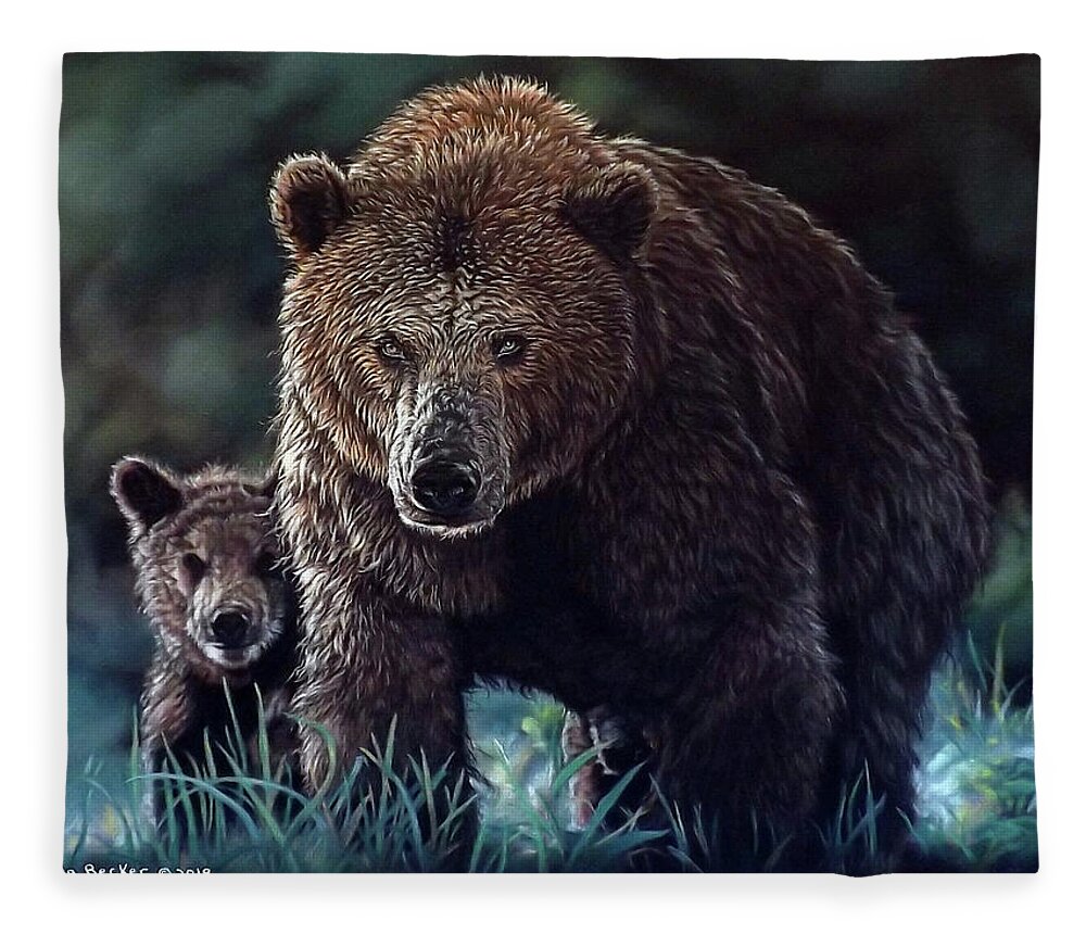 Bear Fleece Blanket featuring the painting Mama Brown with Cubs by Linda Becker