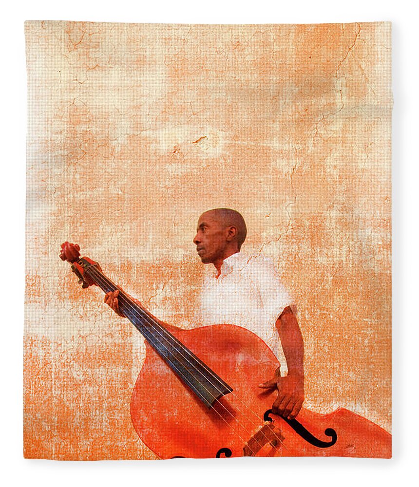Three Quarter Length Fleece Blanket featuring the photograph Man Carrying Double Bass by Grant Faint
