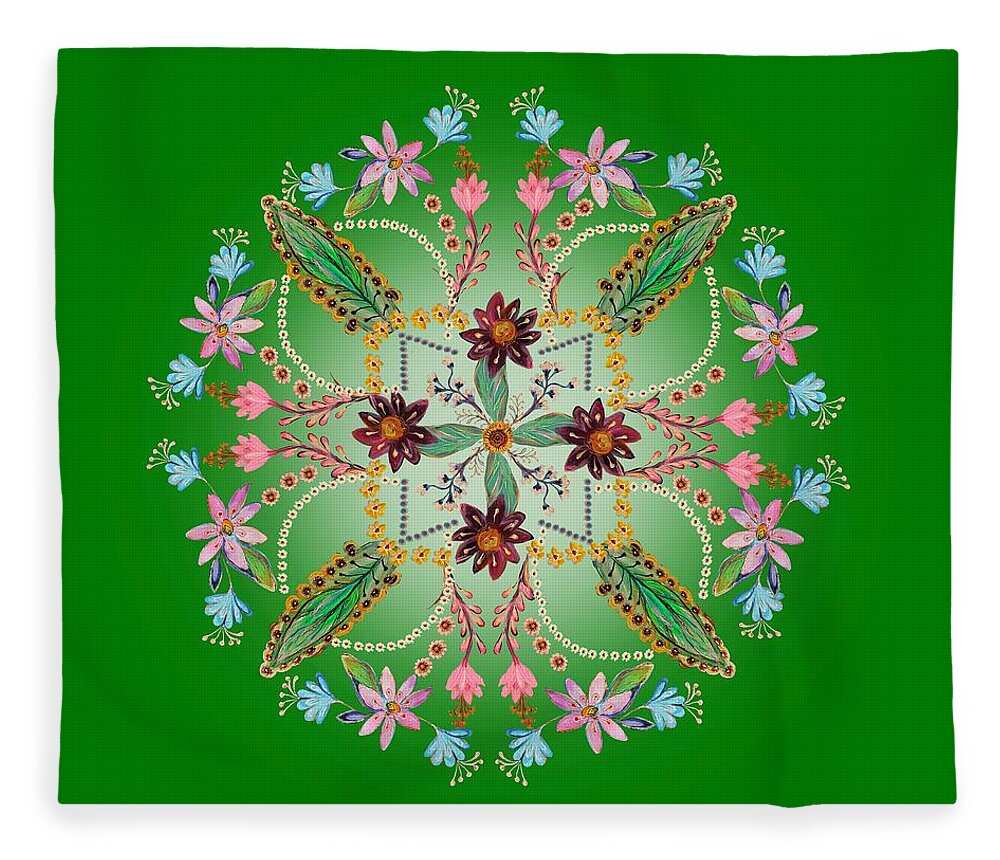 Mandala Fleece Blanket featuring the digital art Mandala flowering series #1. Green by Elena Kotliarker