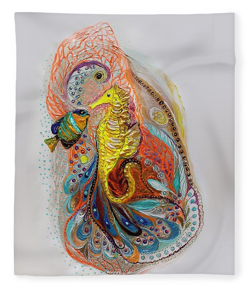 Sea Life Fleece Blanket featuring the painting Mare Nostrum #4. Sea Horse by Elena Kotliarker
