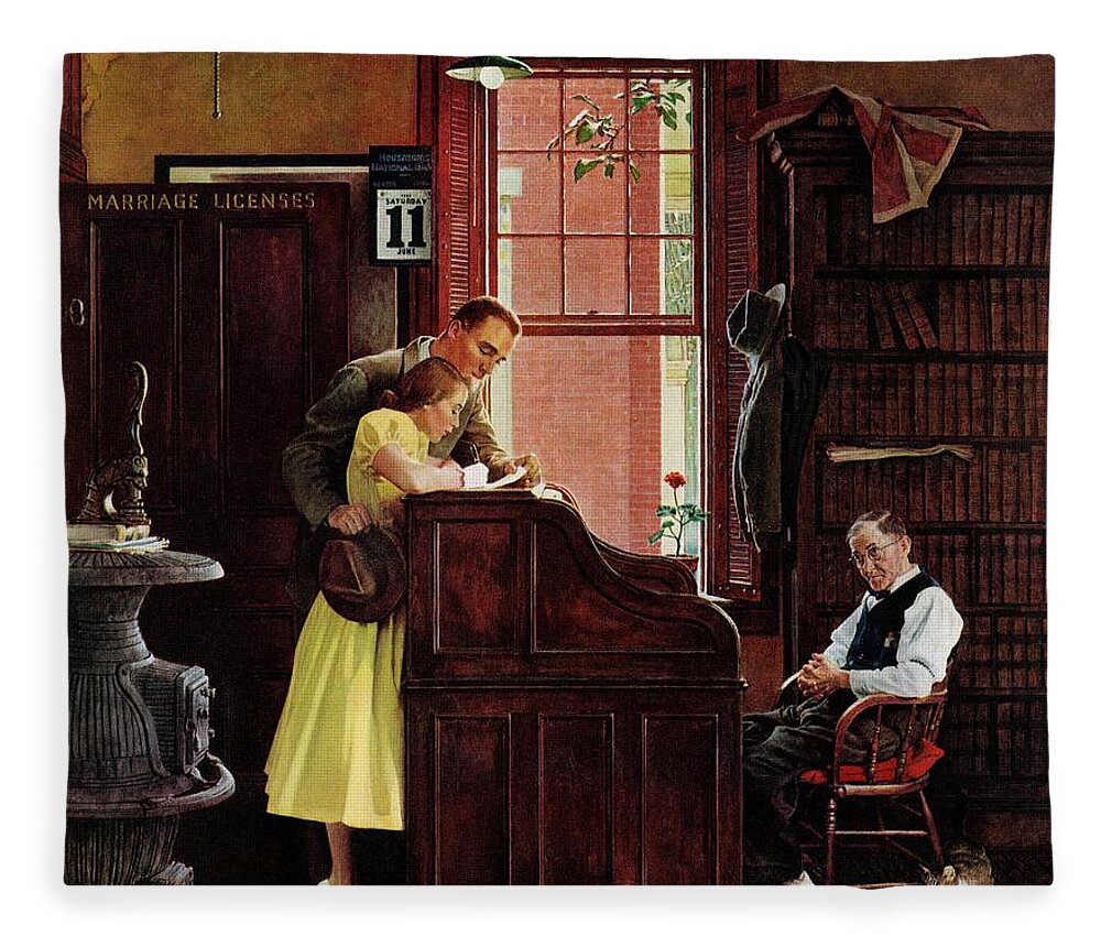 Clerks Fleece Blanket featuring the painting Marriage License by Norman Rockwell