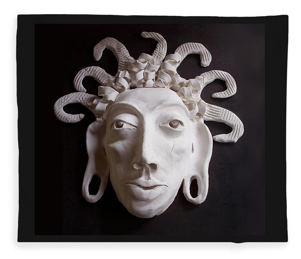 The Aztec Fleece Blanket featuring the ceramic art Mask The Aztec by Joan Stratton