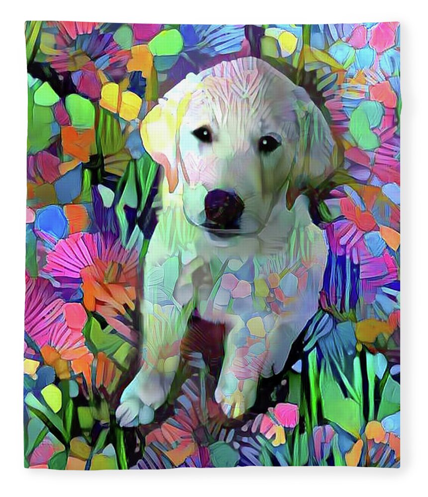 Great Pyrenees Fleece Blanket featuring the digital art Max in the Garden by Peggy Collins