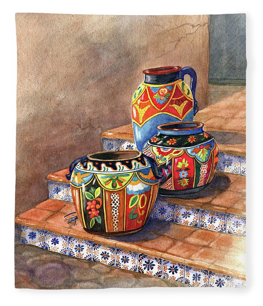 Mexican Pottery Fleece Blanket featuring the painting Mexican Pottery Still Life by Marilyn Smith