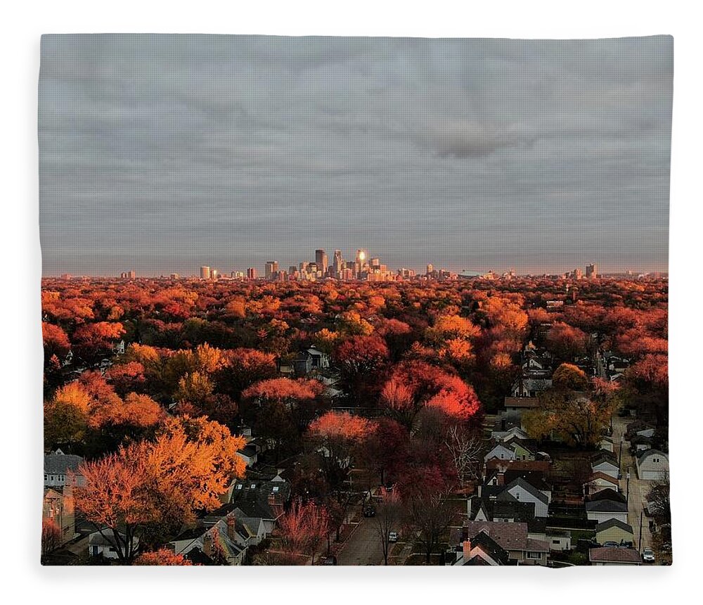 Minneapolis Sunrise Aerial Fleece Blanket featuring the photograph Minneapolis Sunrise in October by Glenn Galen