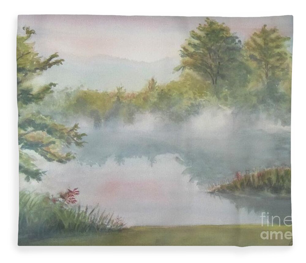 Landscape Fleece Blanket featuring the painting Misty Pond by Petra Burgmann