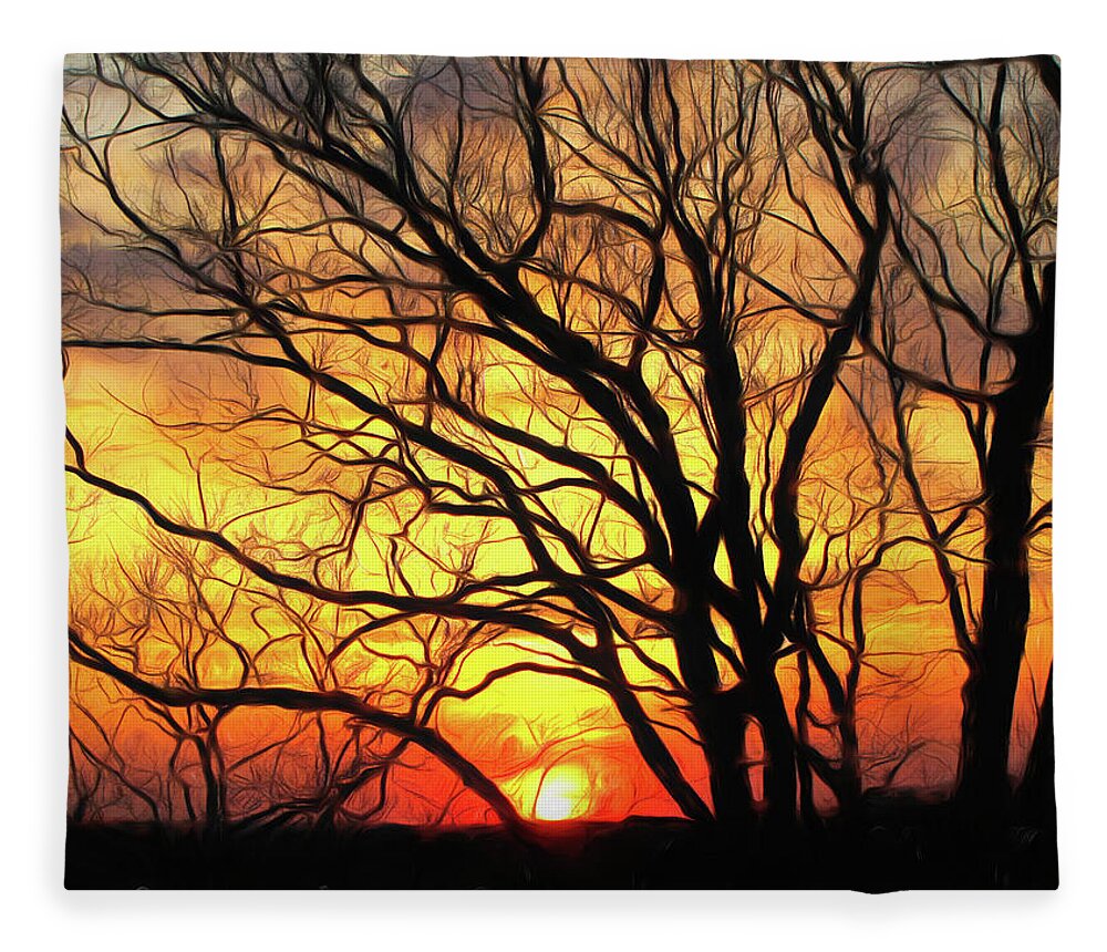 Landscape Fleece Blanket featuring the digital art Mohican Sunset by Susan Hope Finley