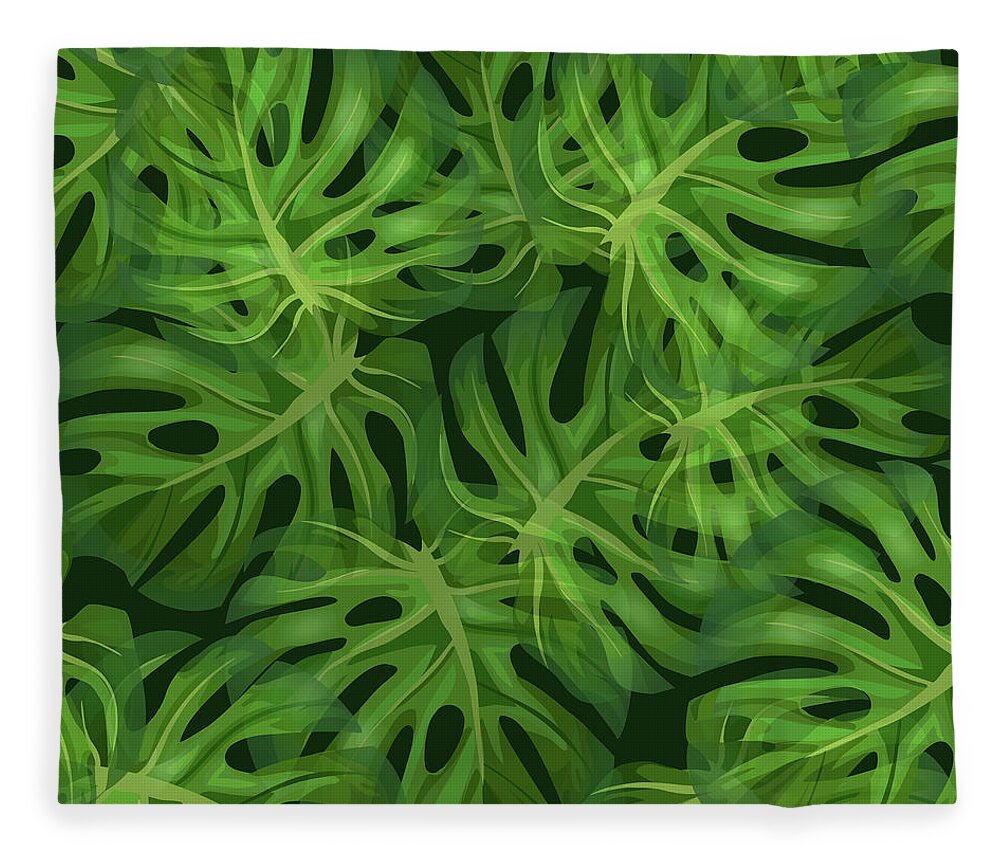 Monstera Fleece Blanket featuring the mixed media Monstera Leaf Pattern 1 - Tropical Leaf Pattern - Dark Green - Tropical, Botanical Pattern Design by Studio Grafiikka