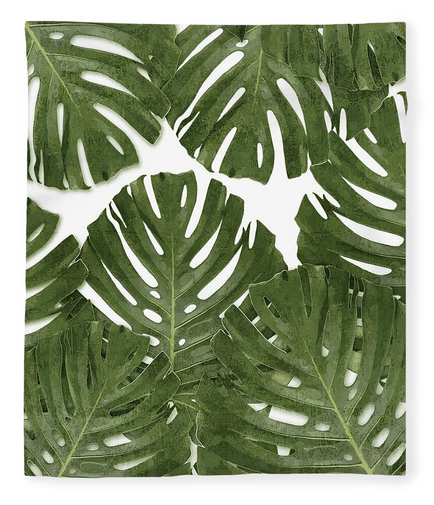 Monstera Fleece Blanket featuring the mixed media Monstera Leaf Pattern - Green - Tropical, Botanical design - Modern, Minimal Decor by Studio Grafiikka