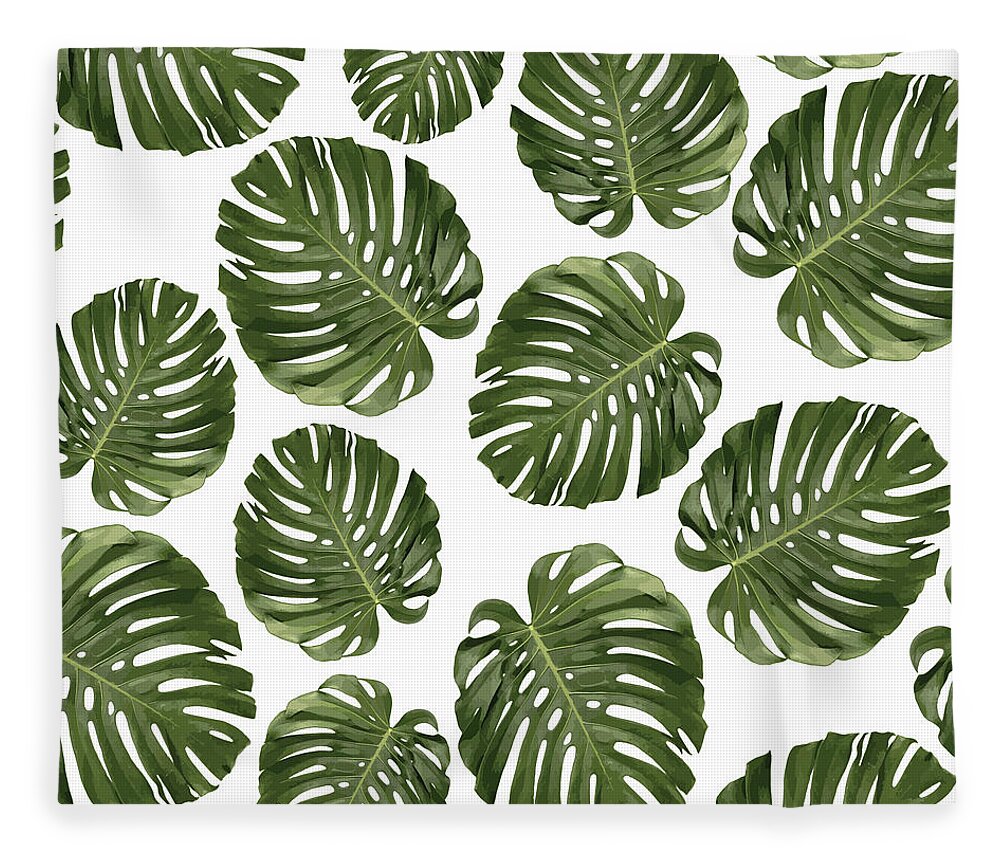 Monstera Fleece Blanket featuring the mixed media Monstera Leaf Pattern - Tropical Leaf Pattern - Green - Tropical, Botanical - Modern, Minimal - 1 by Studio Grafiikka
