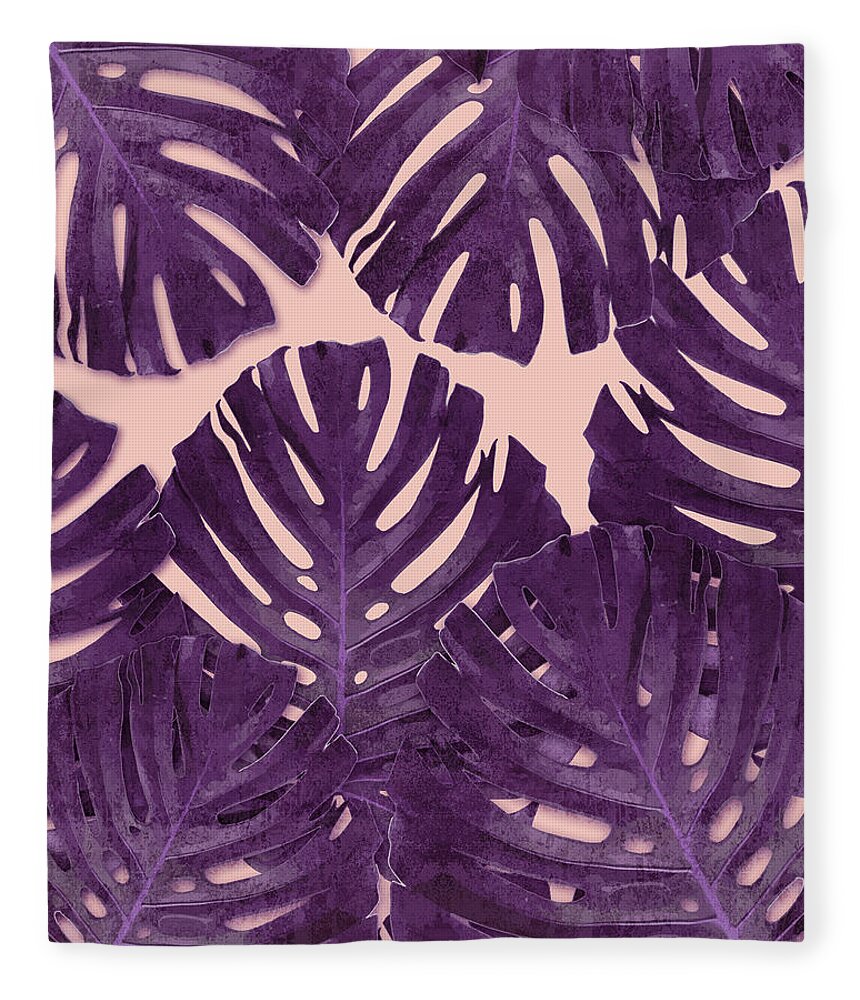 Monstera Fleece Blanket featuring the mixed media Monstera Leaf Pattern - Tropical Leaf Pattern - Purple - Tropical, Botanical - Modern, Minimal Decor by Studio Grafiikka