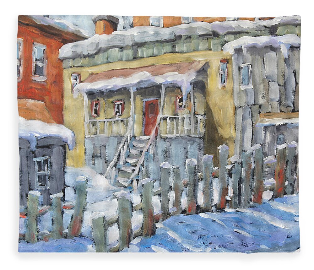 12x12x1.5 Fleece Blanket featuring the painting Montreal Winter Shed by Richard Pranke by Richard T Pranke