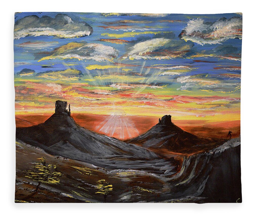 Monument Valley Fleece Blanket featuring the painting Monument Valley and Kokopelli by Chance Kafka