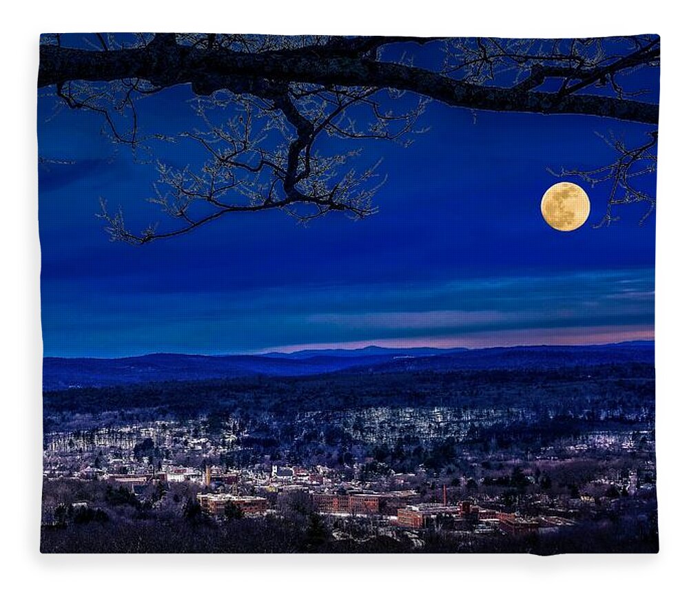 Tully Pond Fleece Blanket featuring the photograph Moon Over Athol, Massachusetts by Mitchell R Grosky