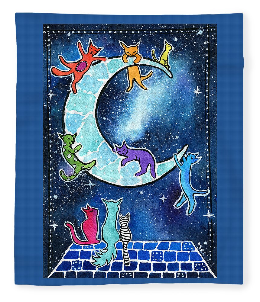 Cat Fleece Blanket featuring the painting Moon Riders by Dora Hathazi Mendes