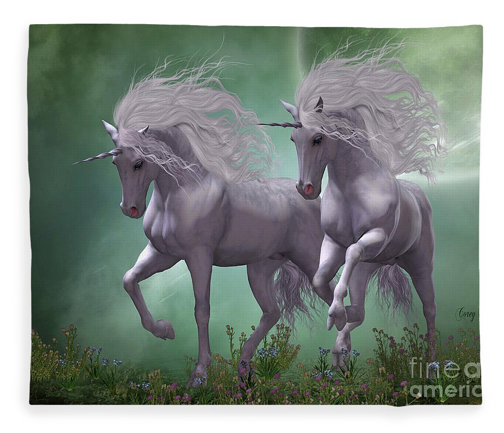 Unicorn Fleece Blanket featuring the digital art Moonlight Unicorns by Corey Ford