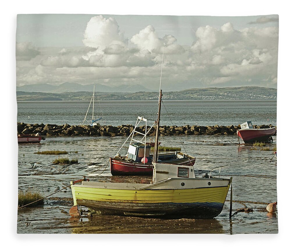Morecambe Fleece Blanket featuring the photograph MORECAMBE. Boats On The Shore. by Lachlan Main