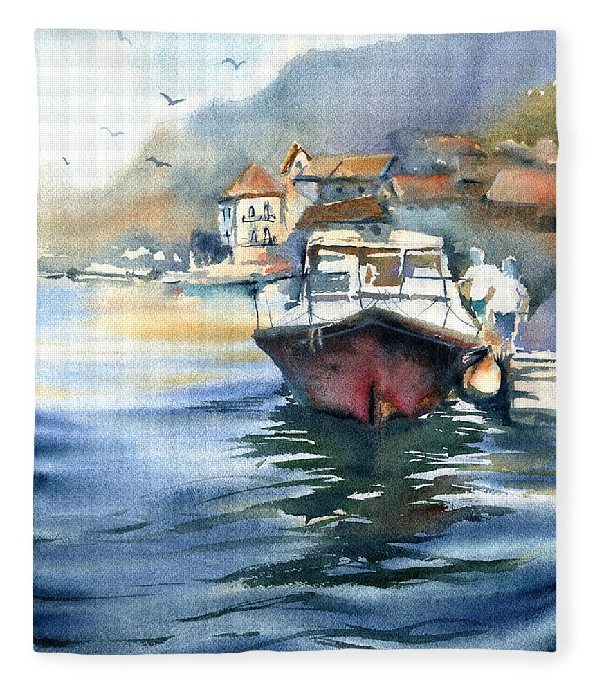 Watercolor Boat Fleece Blanket featuring the painting Morning At The Bay by Dora Hathazi Mendes