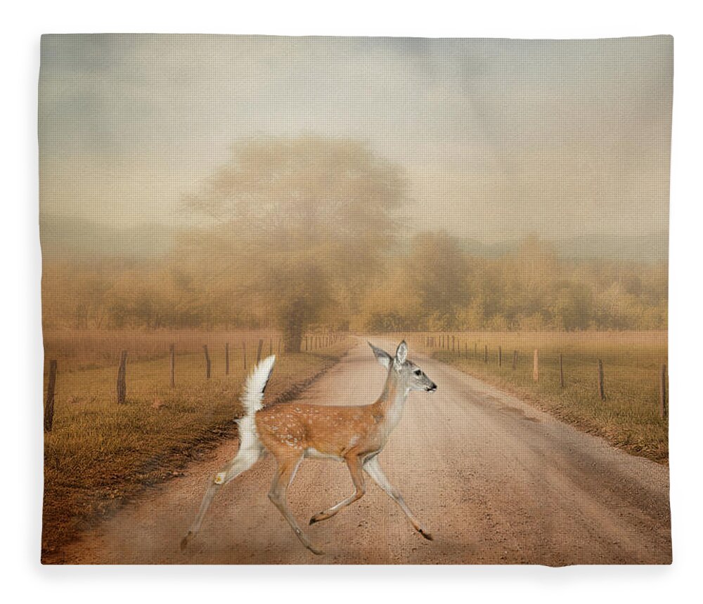 Deer Fleece Blanket featuring the photograph Morning Crossing by Jai Johnson