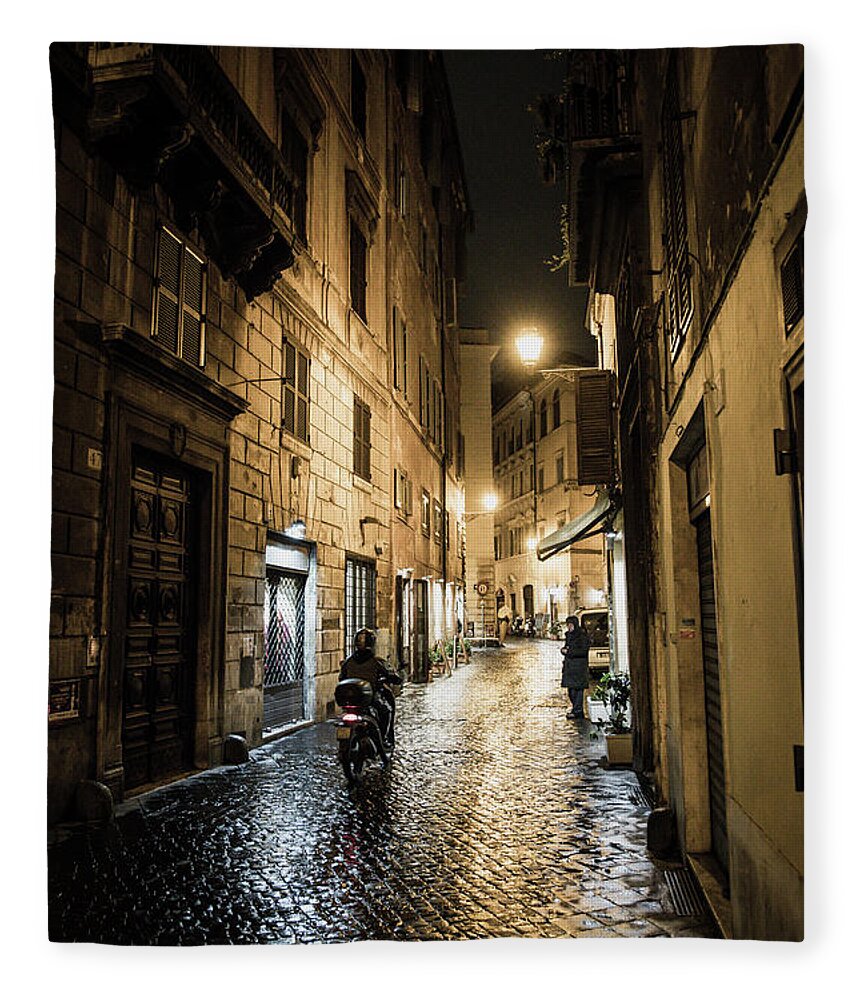 Italy Fleece Blanket featuring the photograph Motorbike in Narrow Street at Night in Rome in Italy by Andreas Berthold