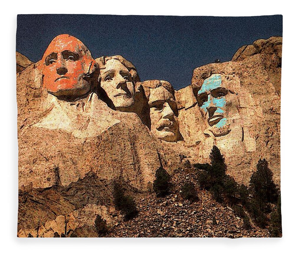 Mount+rushmore Fleece Blanket featuring the painting Mount Rushmore Red and Blue Drawing by Peter Potter