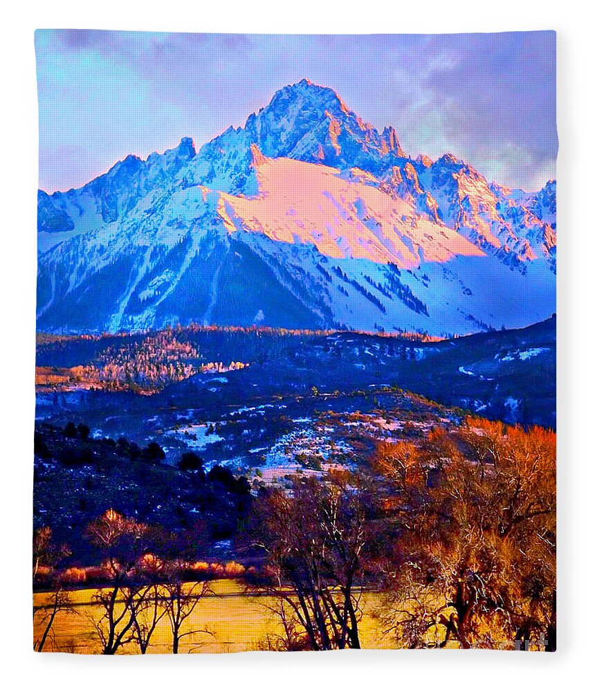 Mount Sneffels Fleece Blanket featuring the digital art Mount Sneffels by Annie Gibbons