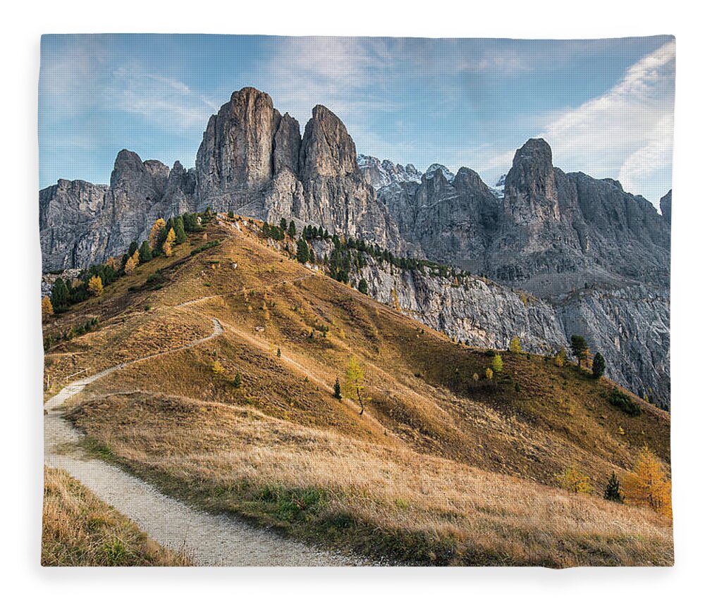 Dolomites Fleece Blanket featuring the photograph Mountain landscape of the picturesque Dolomites at Passo Gardena by Michalakis Ppalis