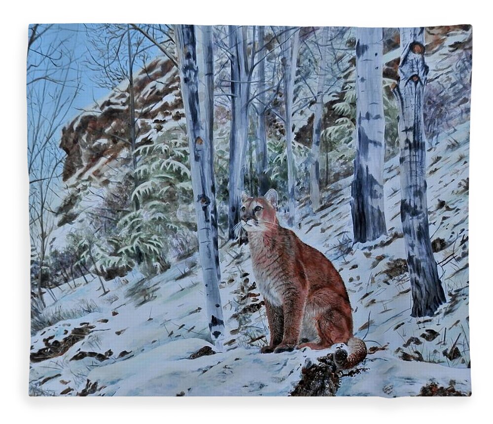 Mountain Lion Fleece Blanket featuring the painting Mountain Lion by John Neeve
