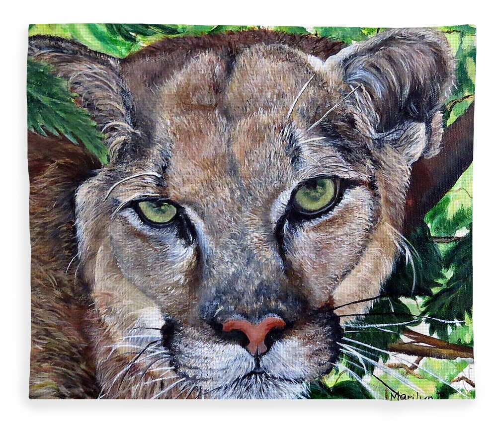 Mountain Lion Fleece Blanket featuring the painting Mountain Lion Portrait by Marilyn McNish