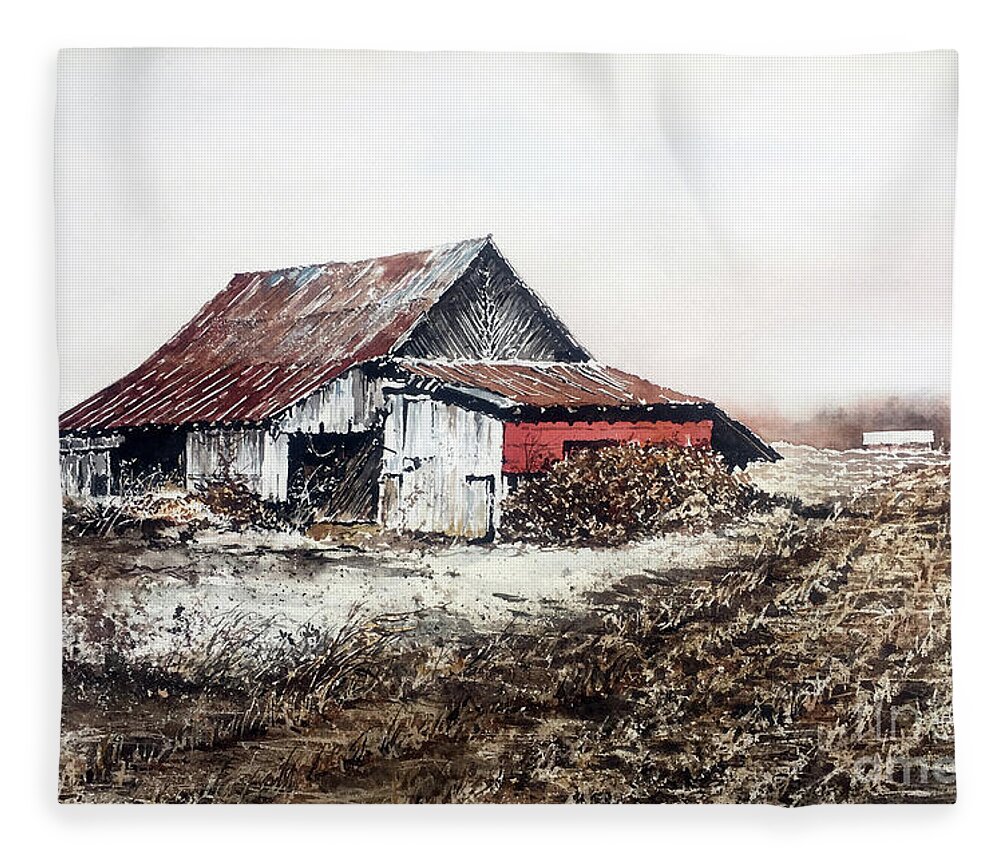 A Weathered Barn Sets At The Edge Of A Harvested Corn Field In Winter. Fleece Blanket featuring the painting Mud Season by Monte Toon