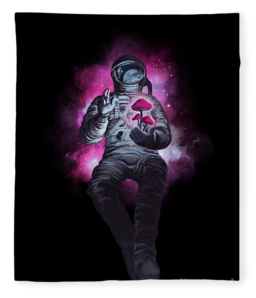 Space Travel Fleece Blanket featuring the painting Mushroom Cosmonaut space traveller by Sassan Filsoof