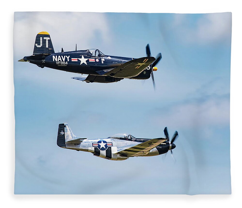 P51 Mustang Fleece Blanket featuring the photograph Mustang and Corsair by Art Cole