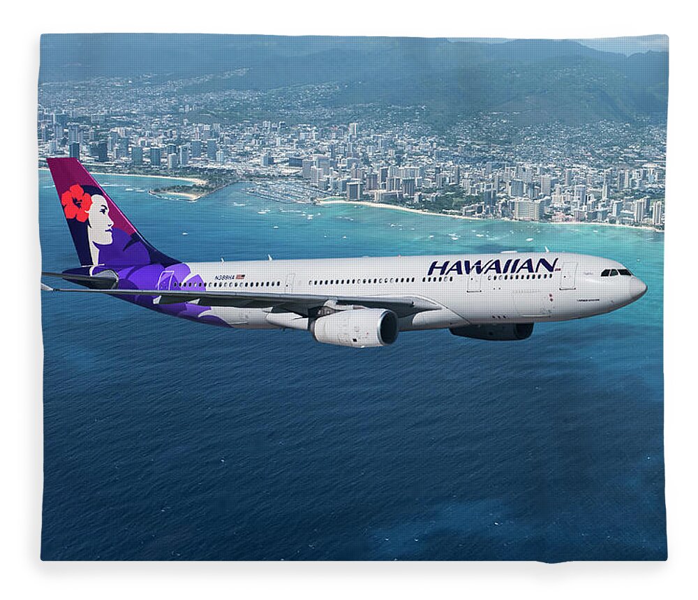 Hawaiian Airlines Fleece Blanket featuring the mixed media My Blue Hawaii Airbus by Erik Simonsen