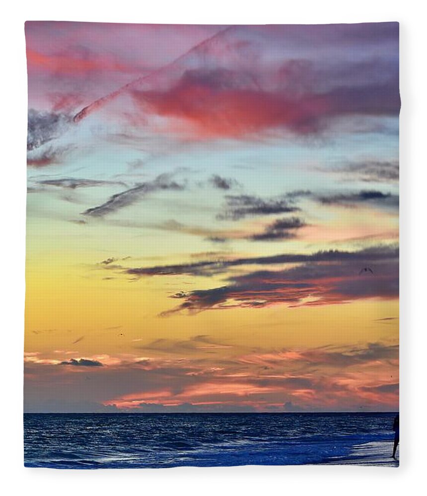 Lido Beach Sarasota Florida Sunset Families Enjoying Celebration July 4th Sand Sun Waves Clouds Beauty Orange Red Blue Gray Black Darkness Fleece Blanket featuring the photograph Natures Fireworks Vertical by Gary F Richards
