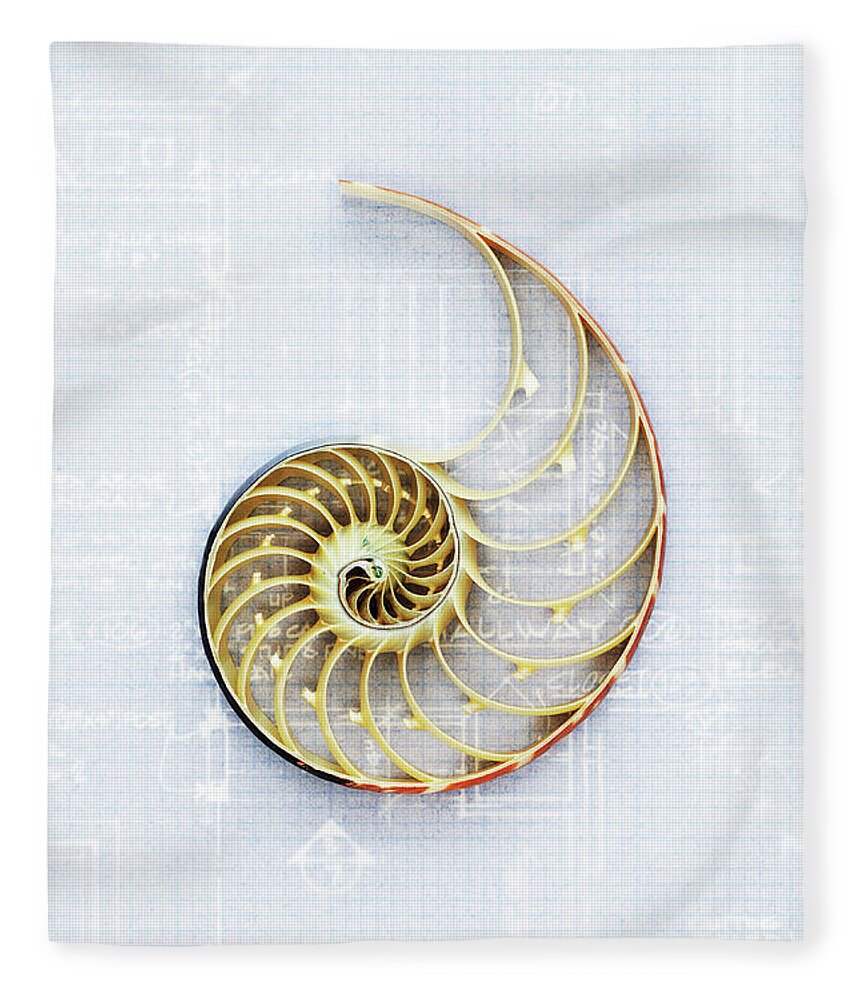 Curve Fleece Blanket featuring the photograph Nautilus Shell On Blueprint, Close-up by David Muir